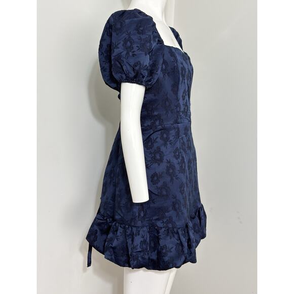 NWT Lulus Dress Women’s L Blue Floral Jacquard Lace Up Back Puff Sleeve Ruffle - Picture 3 of 13